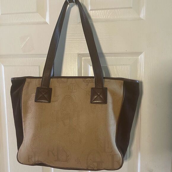 Lauren Ralph Lauren canvas khaki & brown medium tote bag leather brown straps - Picture 1 of 16